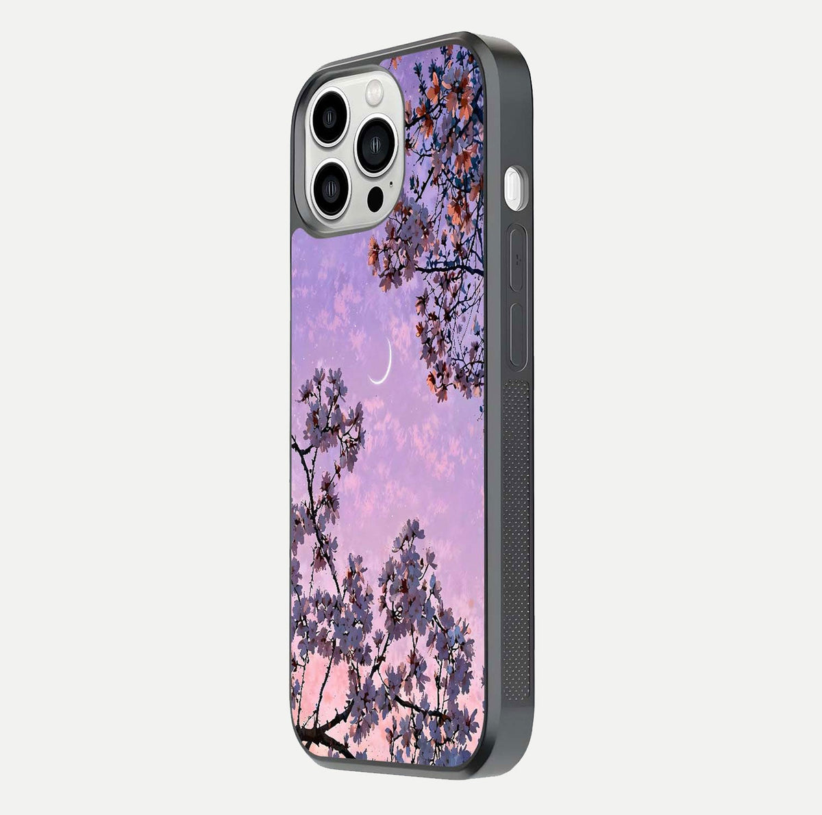 Purple Serenity Moon Glass Case for iPhone 13 Pro Max side-angle image showing reflection and lunar art precision