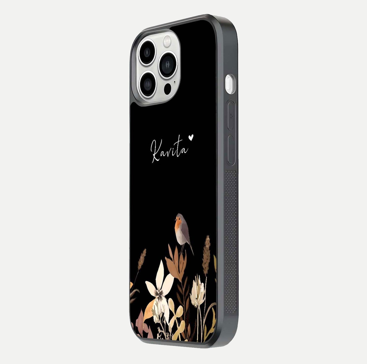 Quiet Garden Tune Custom Name Glass Case for iPhone 13 Pro Max side-angle image showing reflection and floral design