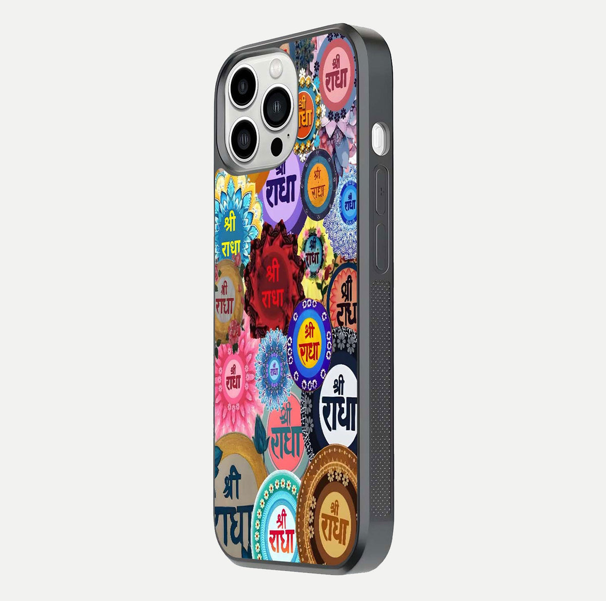 Radha Divine Bloom Glass Case for iPhone 13 Pro Max side-angle image showing shine, reflection, and floral motif
