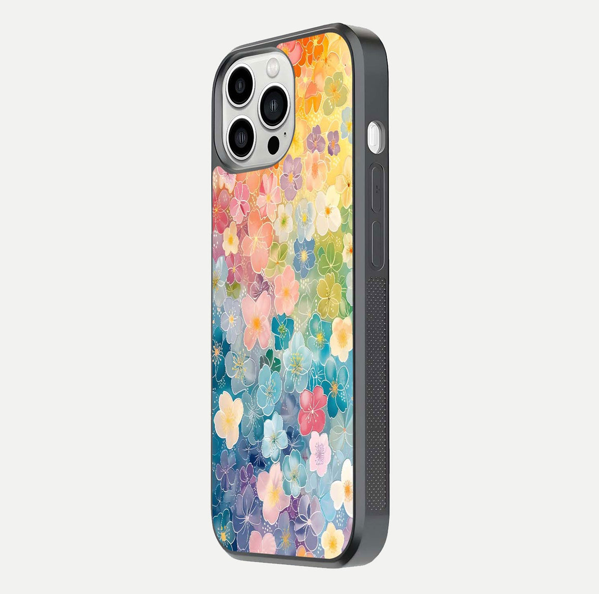 Rainbow Blossom Burst Glass Case for iPhone 13 Pro Max side-angle image showing reflection and floral burst detail