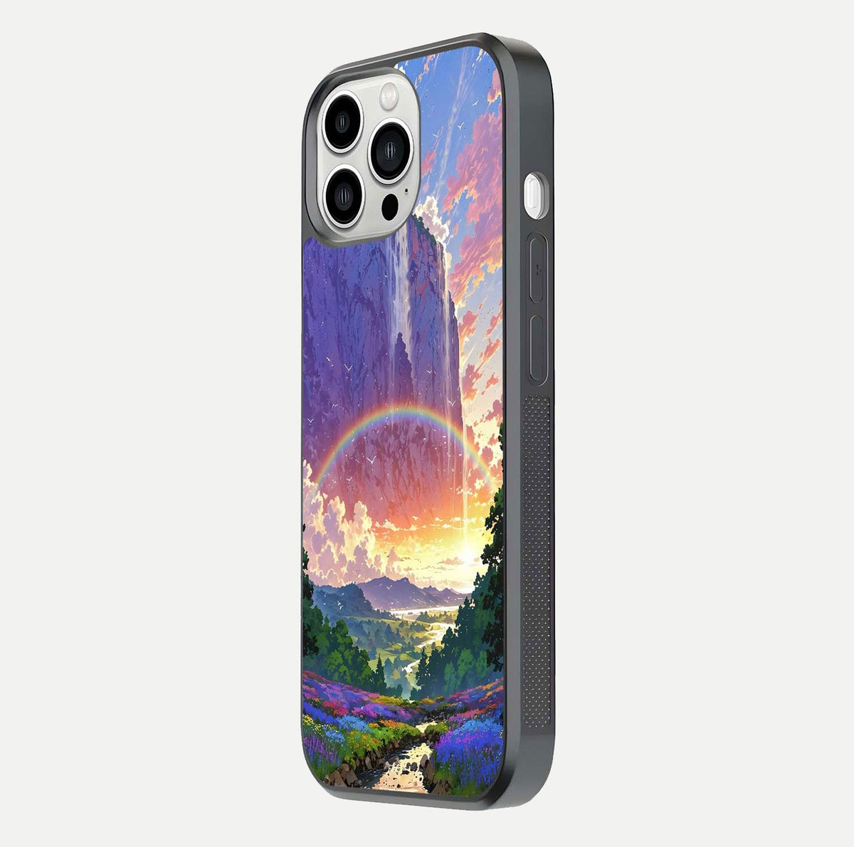 Rainbow Valley Dream Glass Case for iPhone 13 Pro Max side-angle image showing light reflection and scenic tones