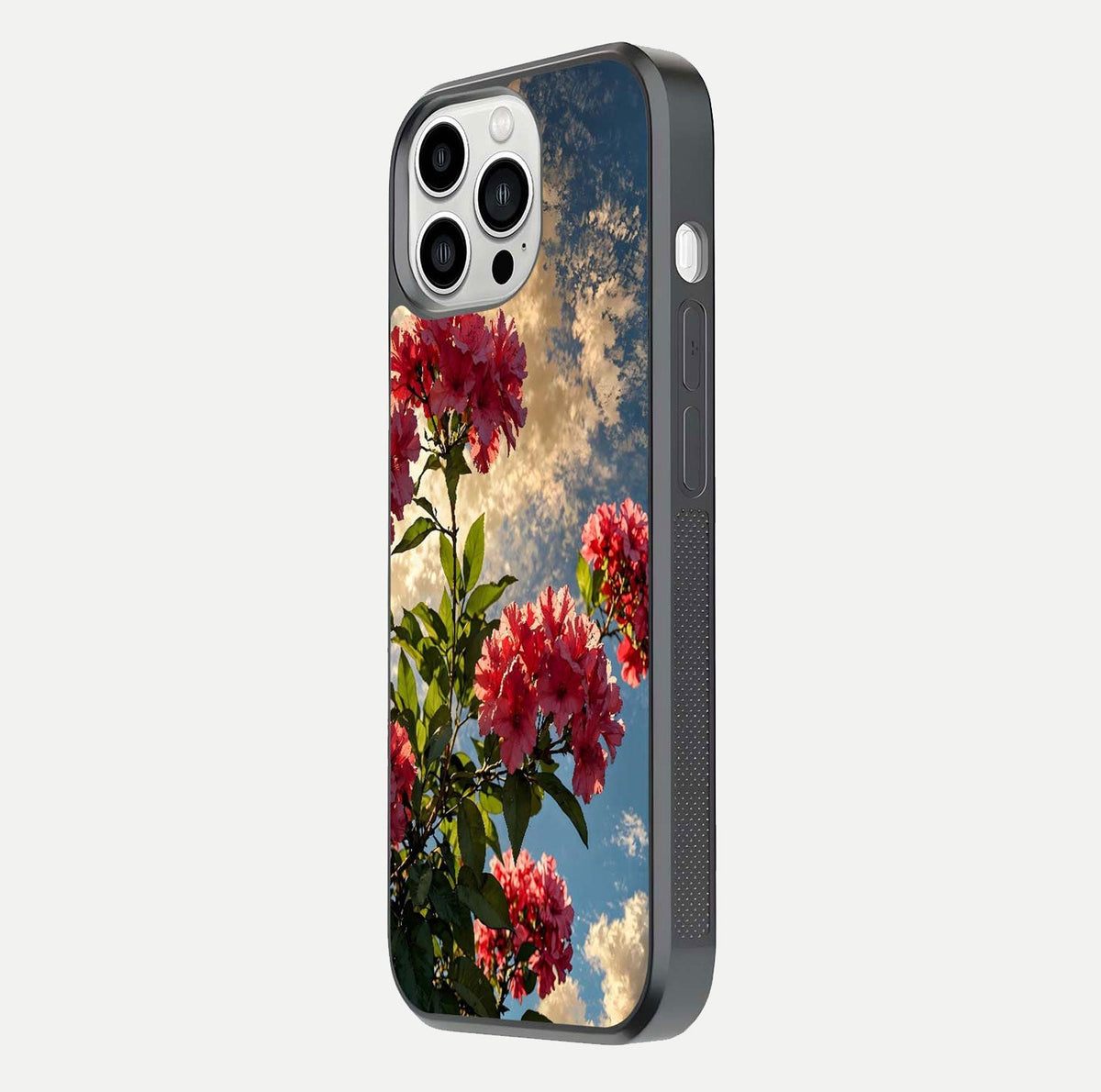 Red Bloom Skies Glass Case for iPhone 13 Pro Max side-angle image showing reflection, print clarity, and tone blend