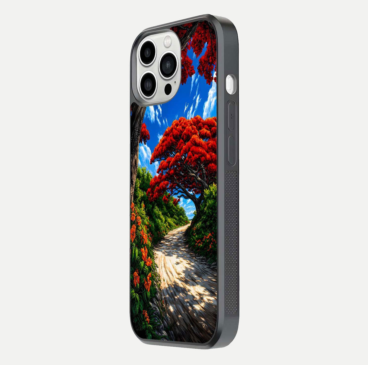 Red Trees Pathway Glass Case for iPhone 13 Pro Max side-angle image showing reflection and autumn vibe