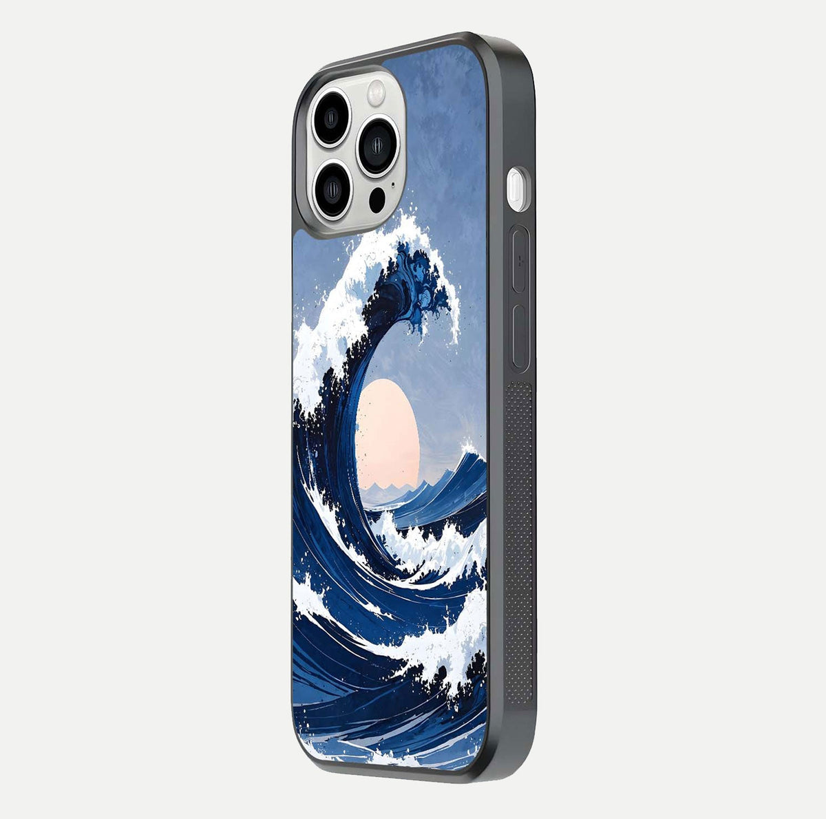 Rising Tide Power Glass Case for iPhone 13 Pro Max side-angle image showing shine and detailed ocean art