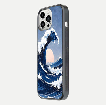 Rising Tide Power Glass Case for iPhone 13 Pro Max side-angle image showing shine and detailed ocean art