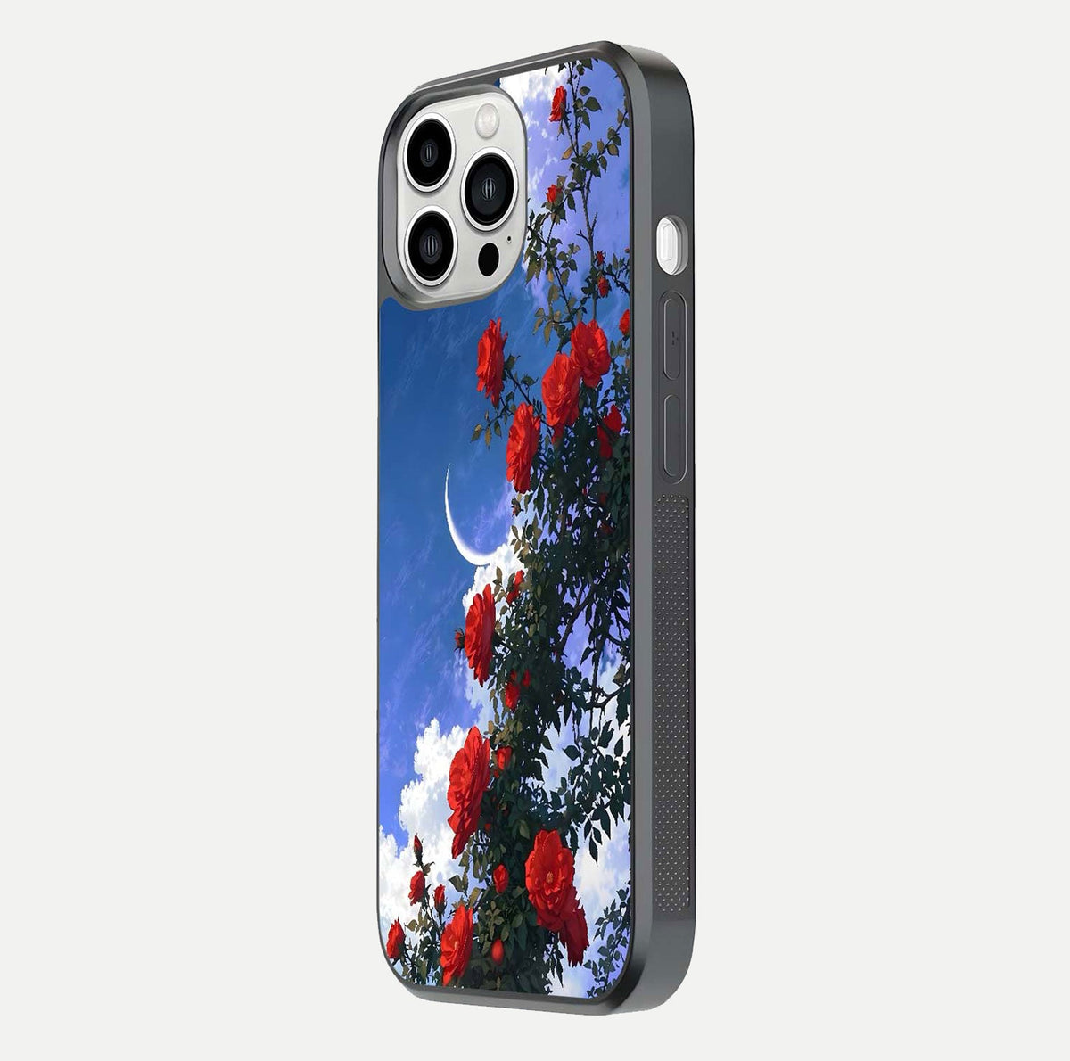 Rose Drift Flowers Glass Case for iPhone 13 Pro Max side-angle image showing reflection and petal detail
