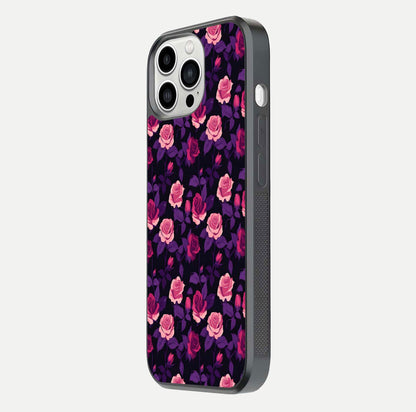 Rose Garden Twilight Glass Case for iPhone 13 Pro Max side-angle image showing reflection, gloss, and floral detail