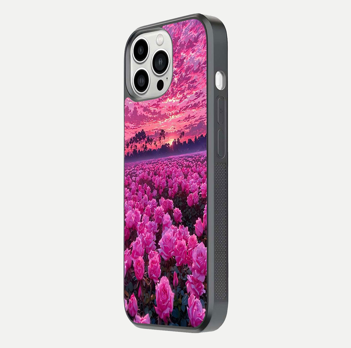 Rose Sunset Valley Glass Case for iPhone 13 Pro Max side-angle image showing smooth edges and floral glow