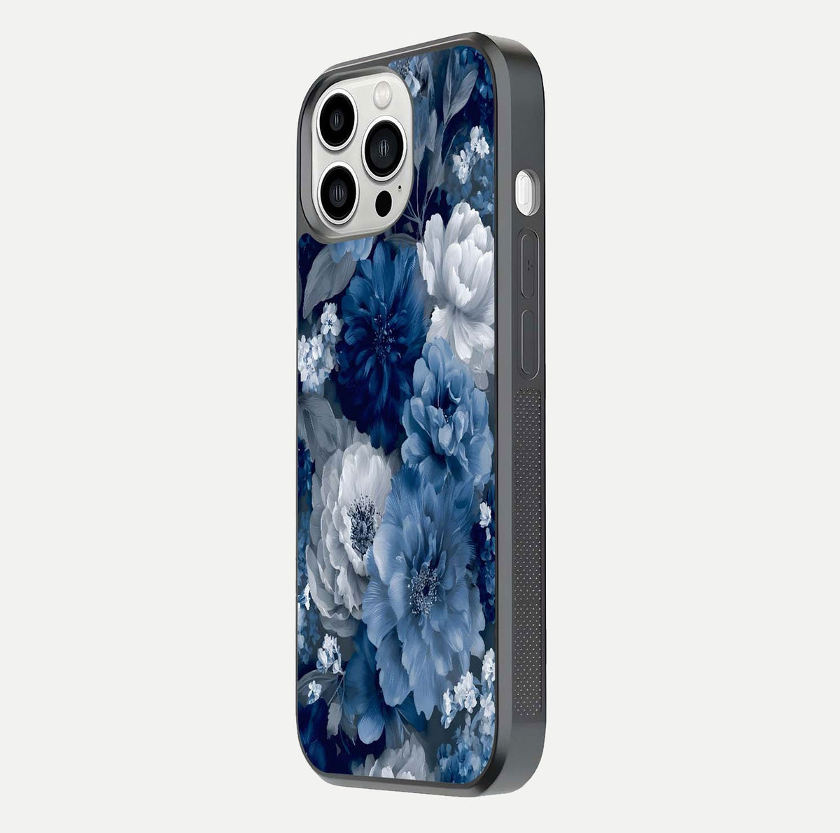 Royal Bloom Garden Glass Case for iPhone 13 Pro Max side-angle image showing floral pattern, edges, and reflection