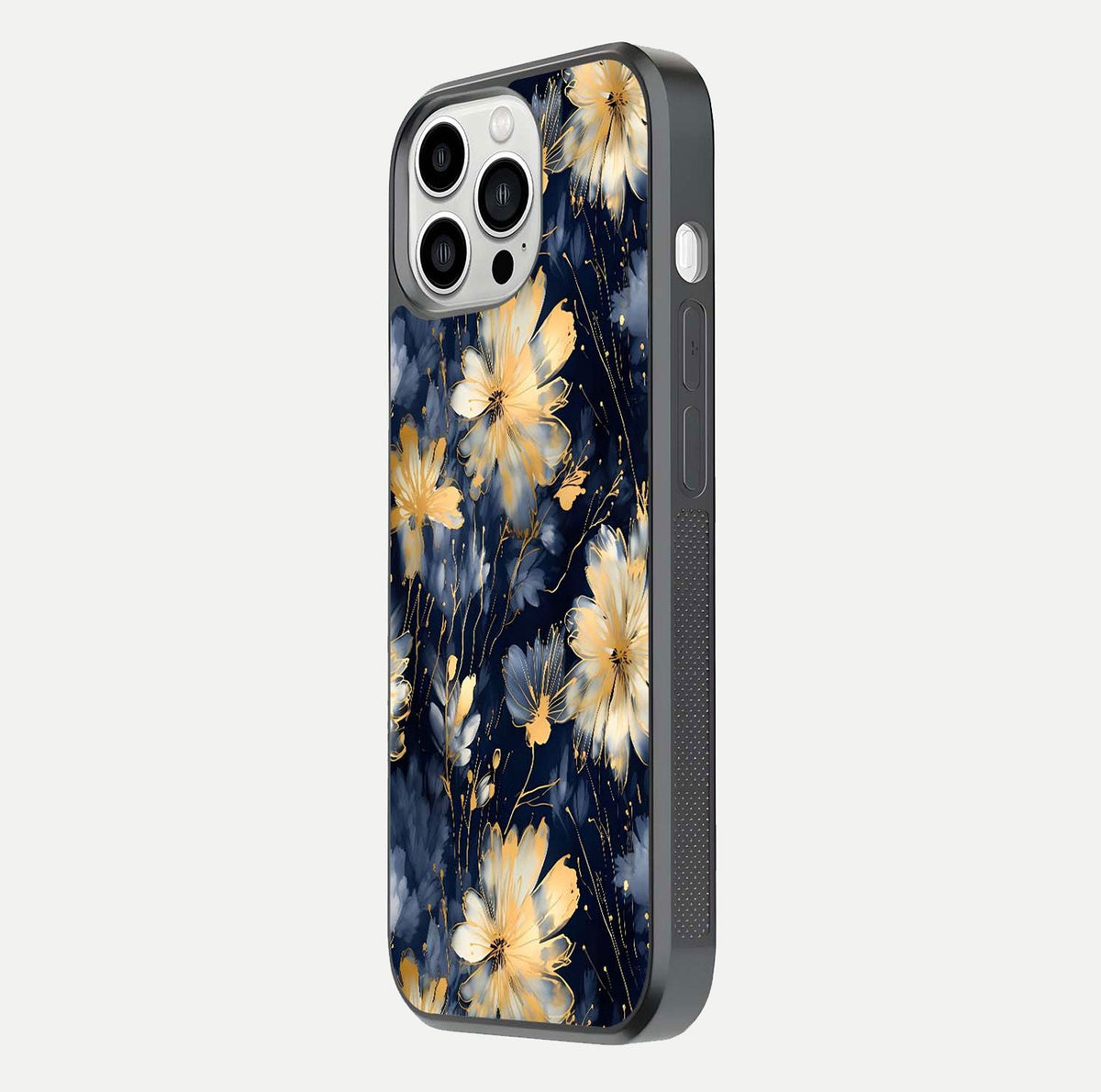 Royal Petal Dream Glass Case for iPhone 13 Pro Max side-angle image showing smooth edges and royal bloom details
