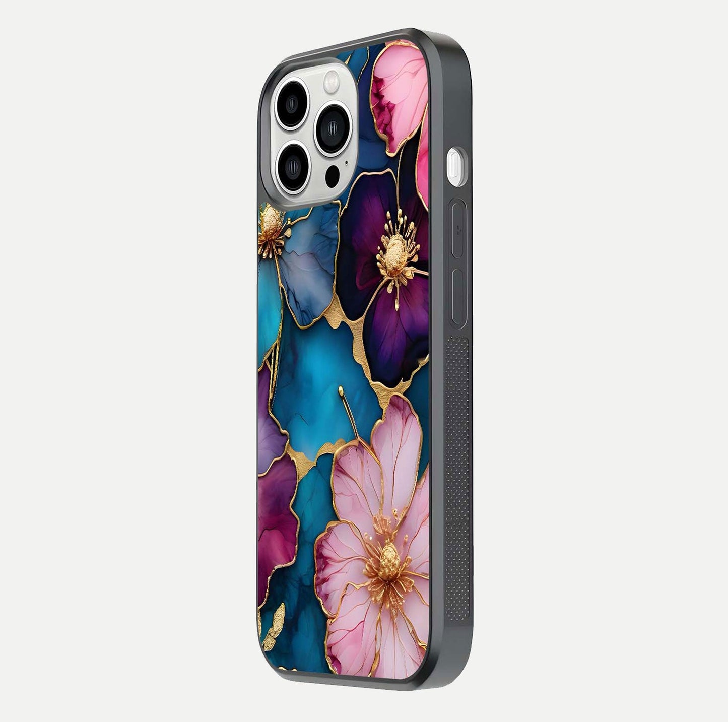 Sparkle Floral Glass Case for iPhone 13 Pro Max side-angle image showing reflection, gloss, and floral texture