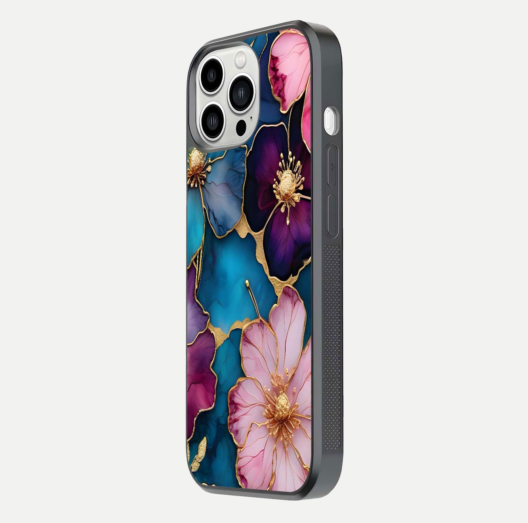 Sparkle Floral Glass Case for iPhone 13 Pro Max side-angle image showing reflection, gloss, and floral texture