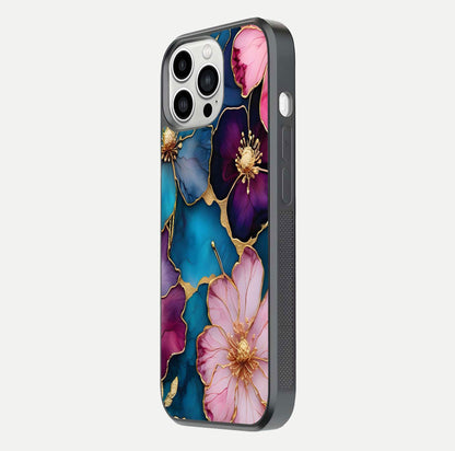 Sparkle Floral Glass Case for iPhone 13 Pro Max side-angle image showing reflection, gloss, and floral texture