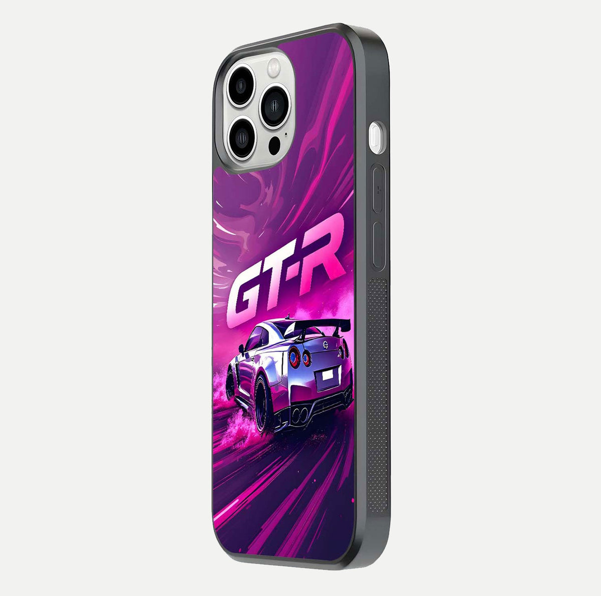 Speed Drift Legend Glass Case for iPhone 13 Pro Max side-angle image showing car print reflection and surface gloss