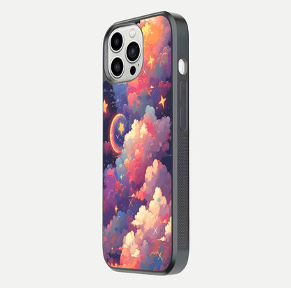 Starlit Dream Clouds Glass Case for iPhone 13 Pro Max side-angle image showing shine, reflection, and dreamy tones