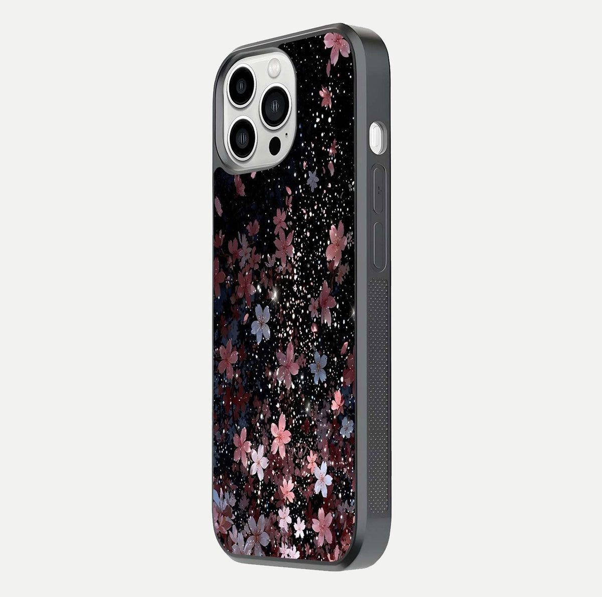Starlit Flower Dreams Glass Case for iPhone 13 Pro Max side-angle image showing shine, edge detail, and floral contrast