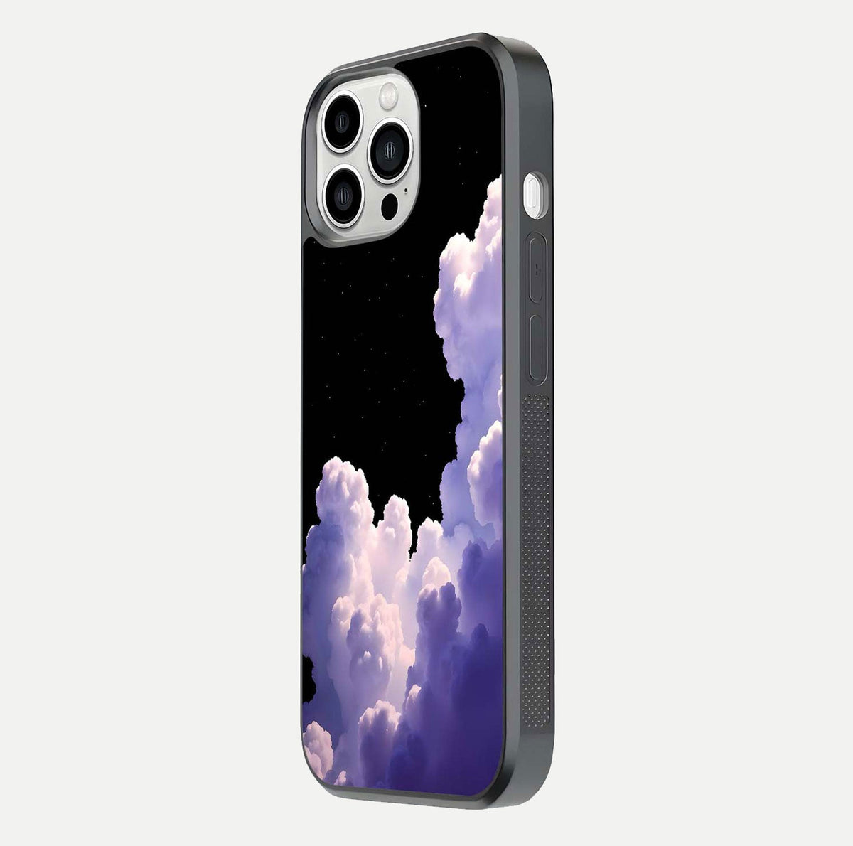 Starlit Night Whispers Glass Case for iPhone 13 Pro Max side-angle image showing reflection and night pattern shine