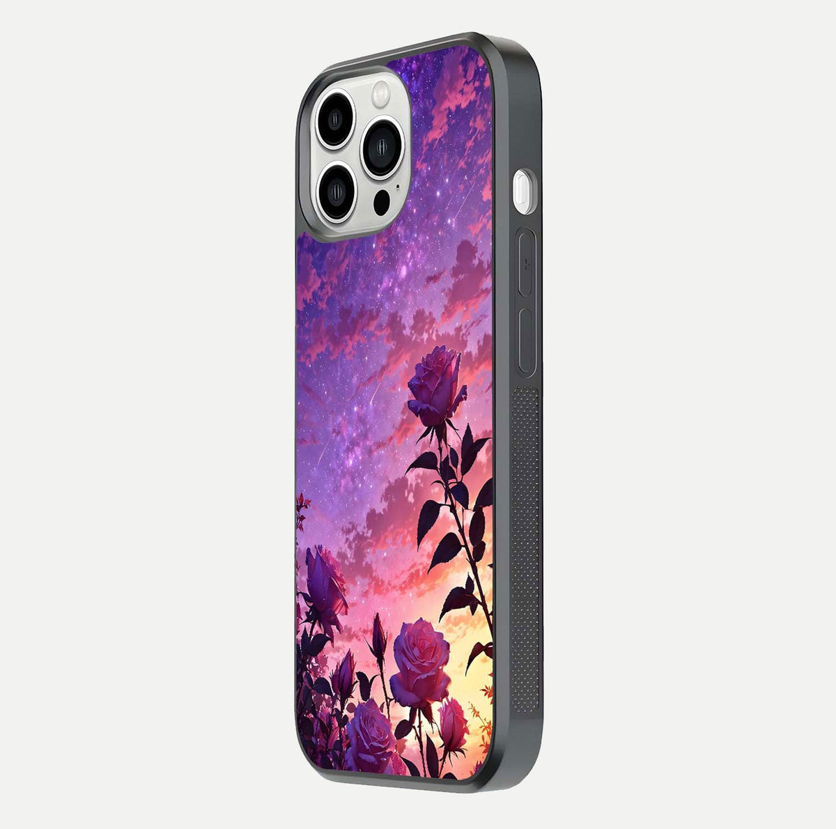 Starlit Rose Twilight Glass Case for iPhone 13 Pro Max side-angle image showing reflection and petal contrast