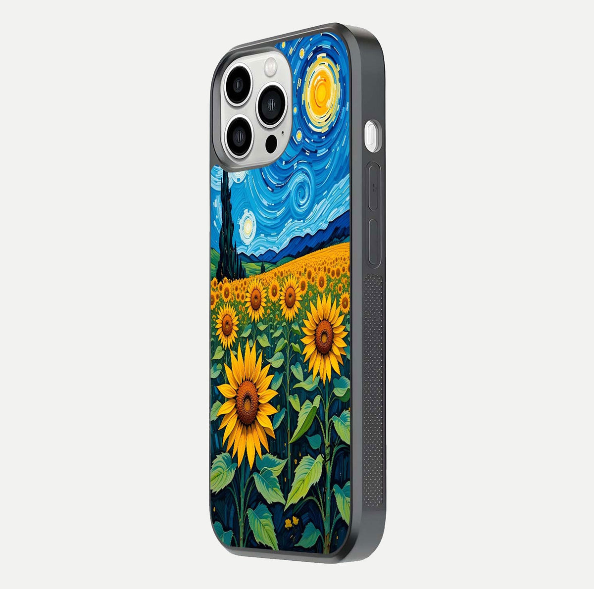 Starry Sunflower Dreams Glass Case for iPhone 13 Pro Max side-angle image showing reflection, stars, and yellow tone