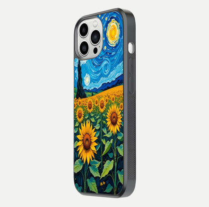 Starry Sunflower Dreams Glass Case for iPhone 13 Pro Max side-angle image showing reflection, stars, and yellow tone