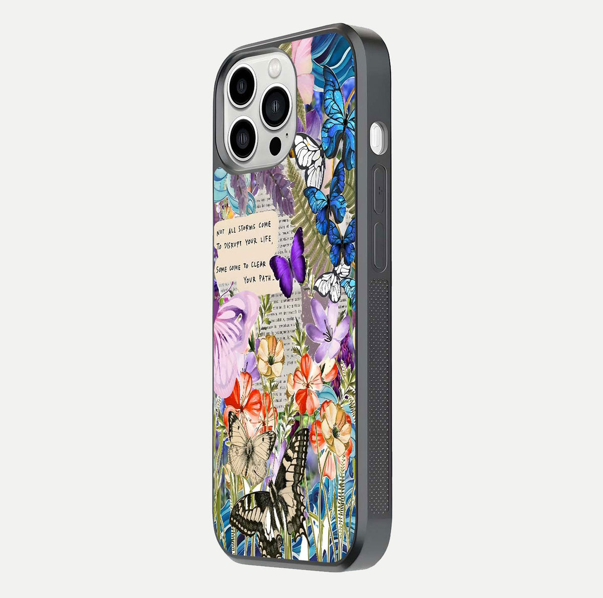 Storm Path Bloom Glass Case for iPhone 13 Pro Max side-angle image showing reflection, color contrast, and shine