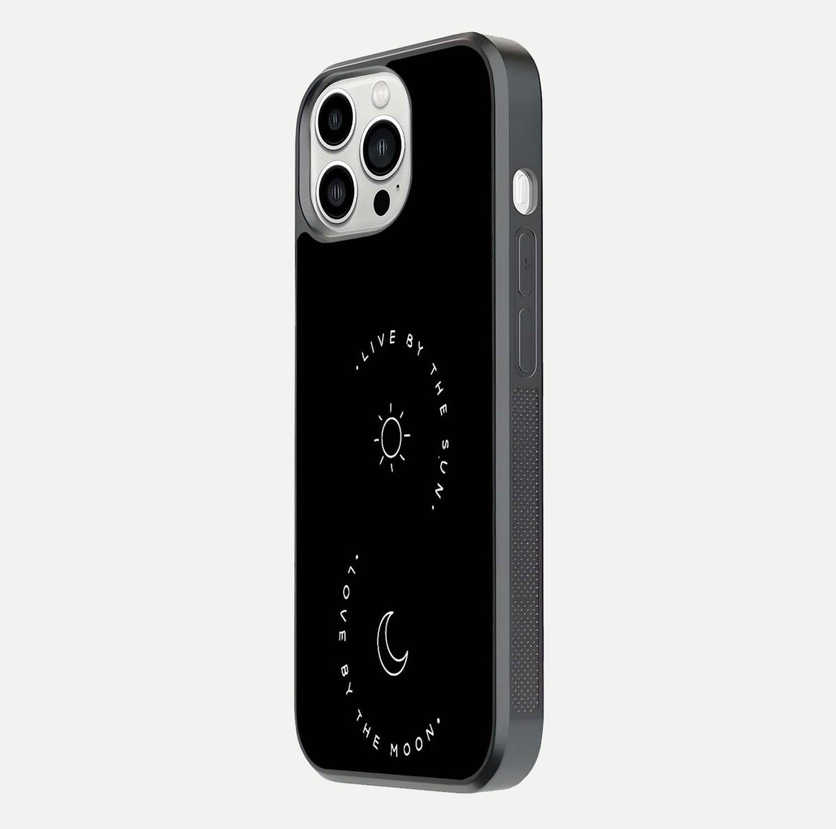 Sun Moon Balance Glass Case for iPhone 13 Pro Max side-angle image showing reflection and celestial detailing