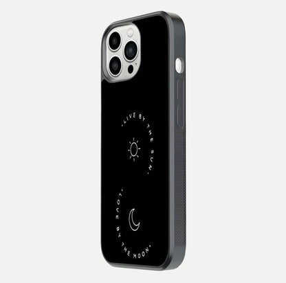Sun Moon Balance Glass Case for iPhone 13 Pro Max side-angle image showing reflection and celestial detailing