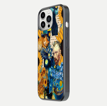 Sunflower Cat Art Glass Case for iPhone 13 Pro Max side-angle image showing shine, edges, and sunflower texture