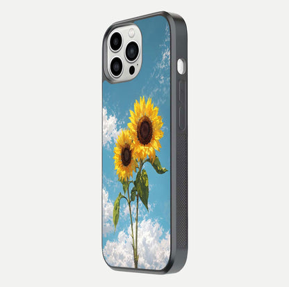 Sunflower Sky Bloom Glass Case for iPhone 13 Pro Max side-angle image showing reflection, edges, and sunflower color