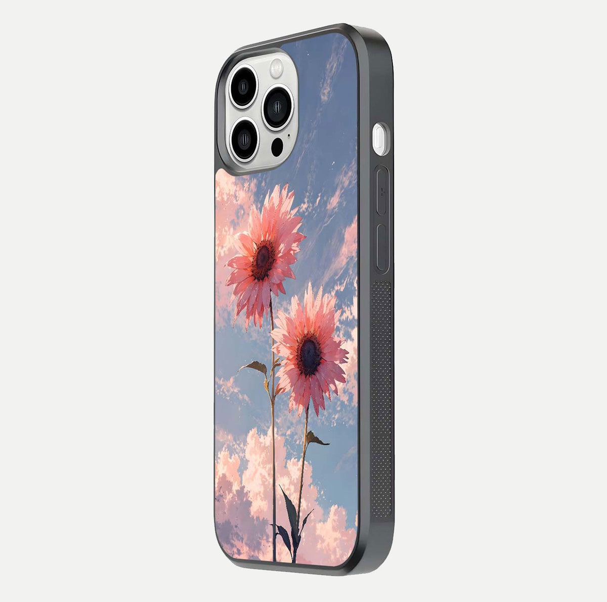 Sunlit Daisy Glow Glass Case for iPhone 13 Pro Max side-angle image showing shine, gloss, and floral highlight