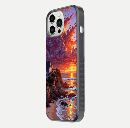 Sunset House by Sea Glass Case for iPhone 13 Pro Max side-angle image showing reflection and seaside color tone
