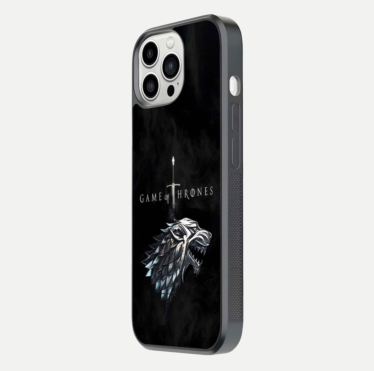 Temple Cat Scenery Glass Case for iPhone 13 Pro Max side-angle image showing shine and printed temple pattern