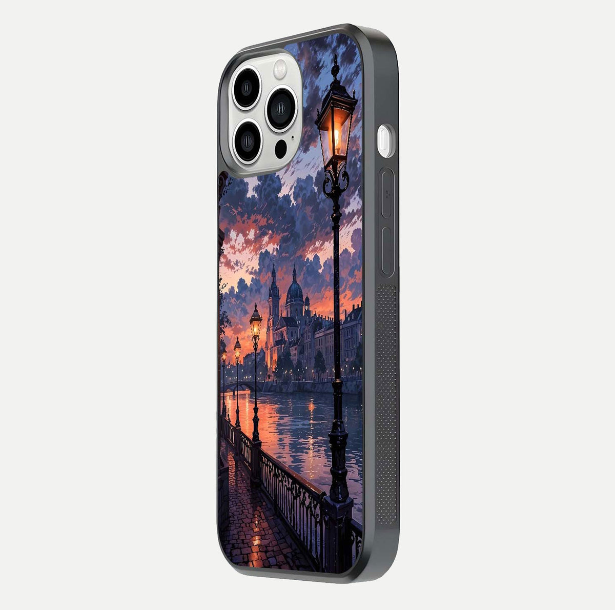 Twilight Garden Swing Glass Case for iPhone 13 Pro Max side-angle image showing reflection, gloss, and scenic depth