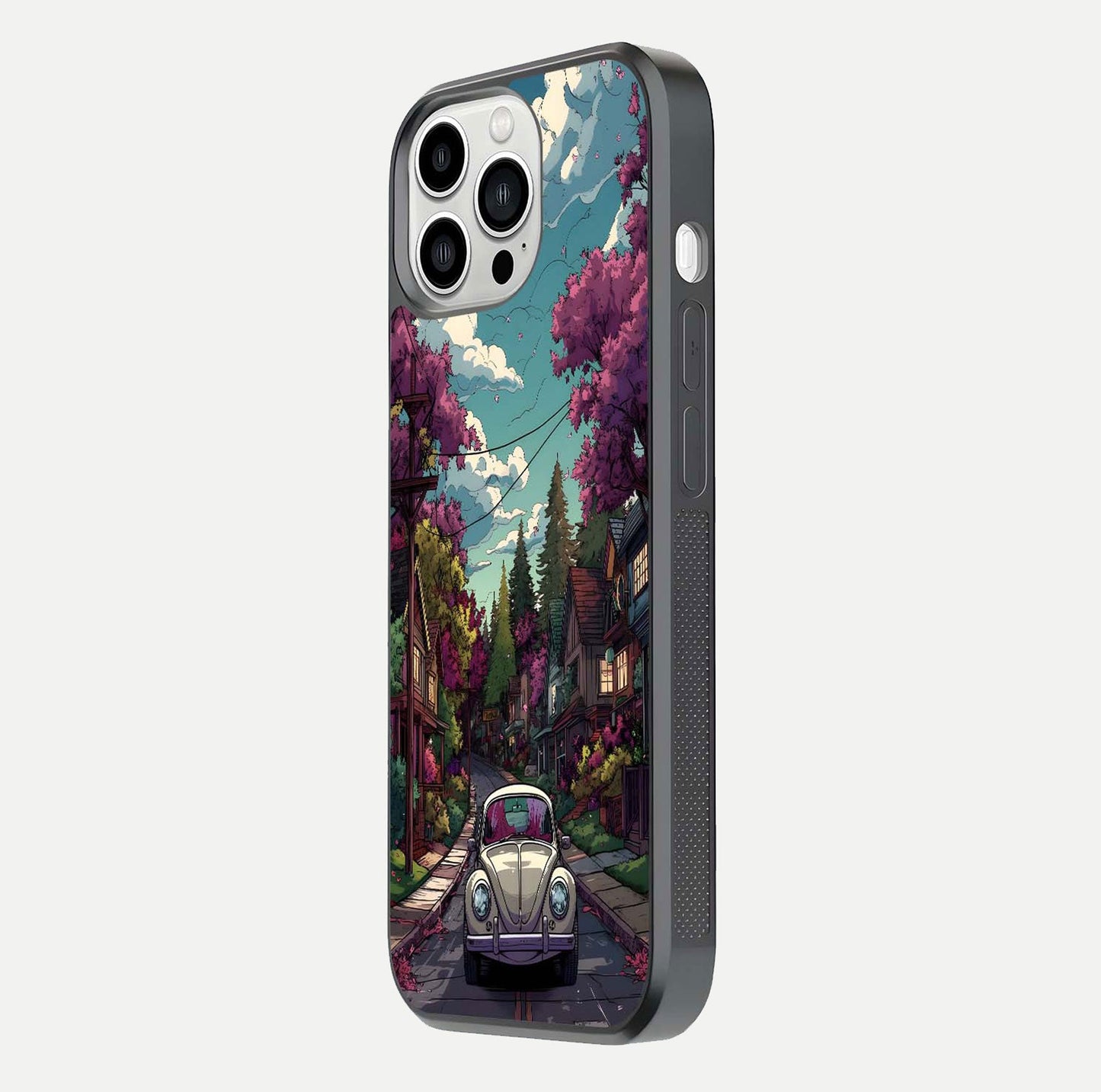 Vintage Street Drive Glass Case for iPhone 13 Pro Max side-angle image showing gloss reflection and design detail