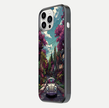Vintage Street Drive Glass Case for iPhone 13 Pro Max side-angle image showing gloss reflection and design detail