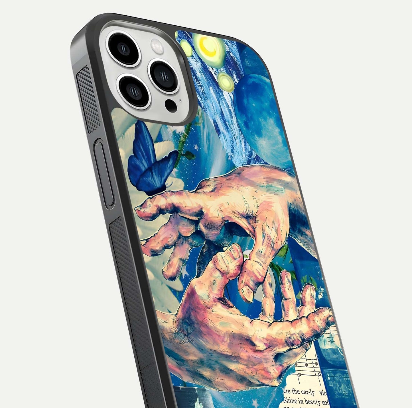 Aesthetic Divider Glass Case for iPhone 13 Pro Max close-up angled shot showing detailed divider artwork and gloss reflection
