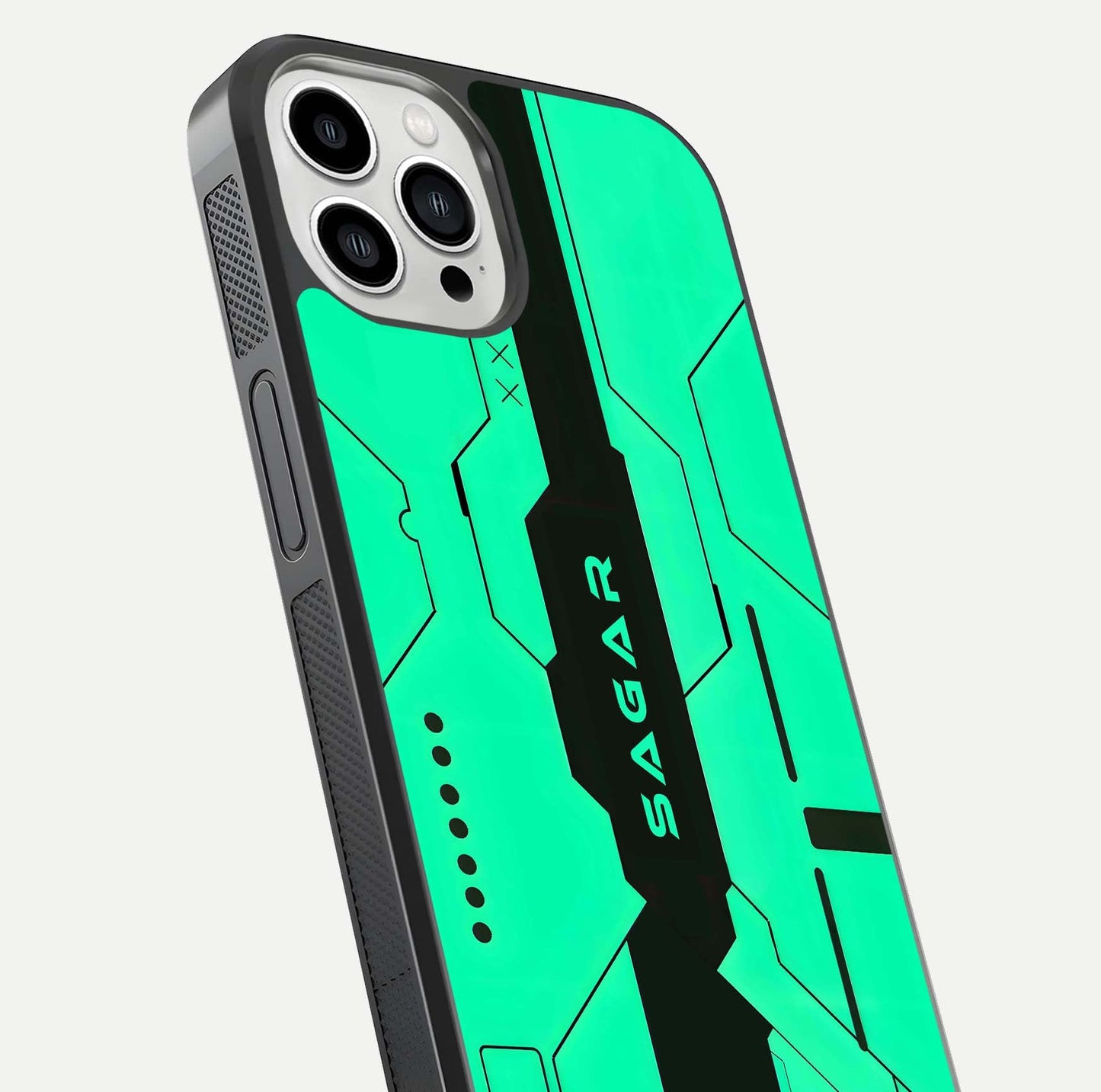 Aqua Tech CYBERPUNK Custom Name Glass Case for iPhone 13 Pro Max close-up angle showing futuristic blue lights and reflections