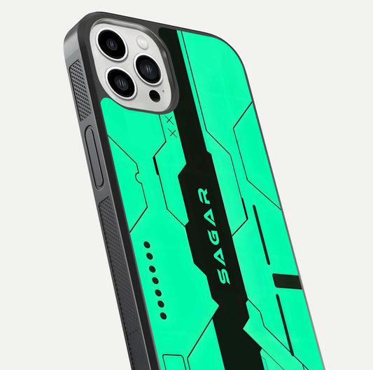 Aqua Tech CYBERPUNK Custom Name Glass Case for iPhone 13 Pro Max close-up angle showing futuristic blue lights and reflections