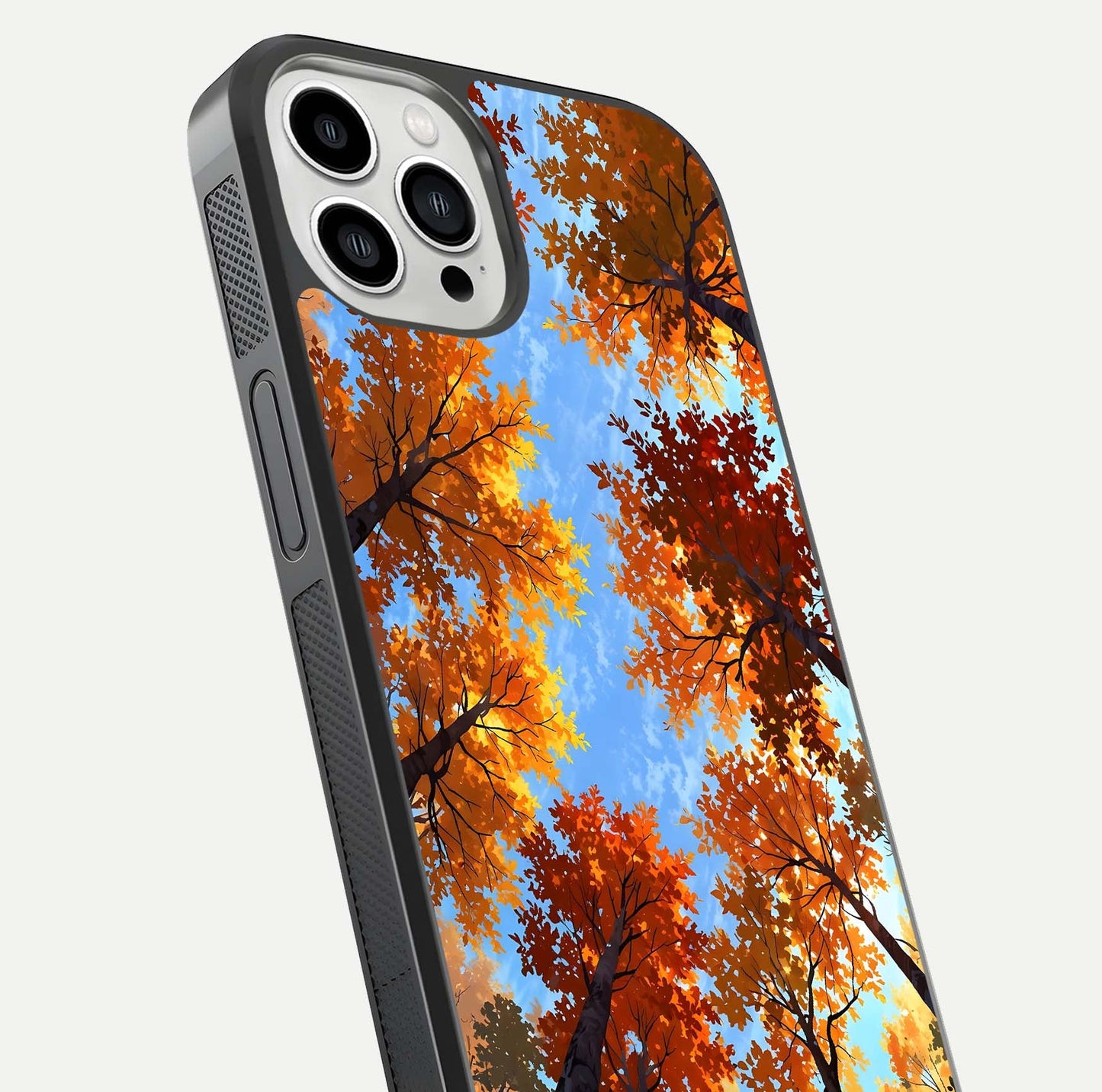 Autumn Sky Rise Glass Case for iPhone 13 Pro Max close-up shot of autumn tone details and HD shine reflection