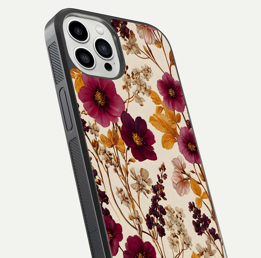 Autumn Wine Bloom Glass Case for iPhone 13 Pro Max close-up highlighting petal detail and gloss reflection