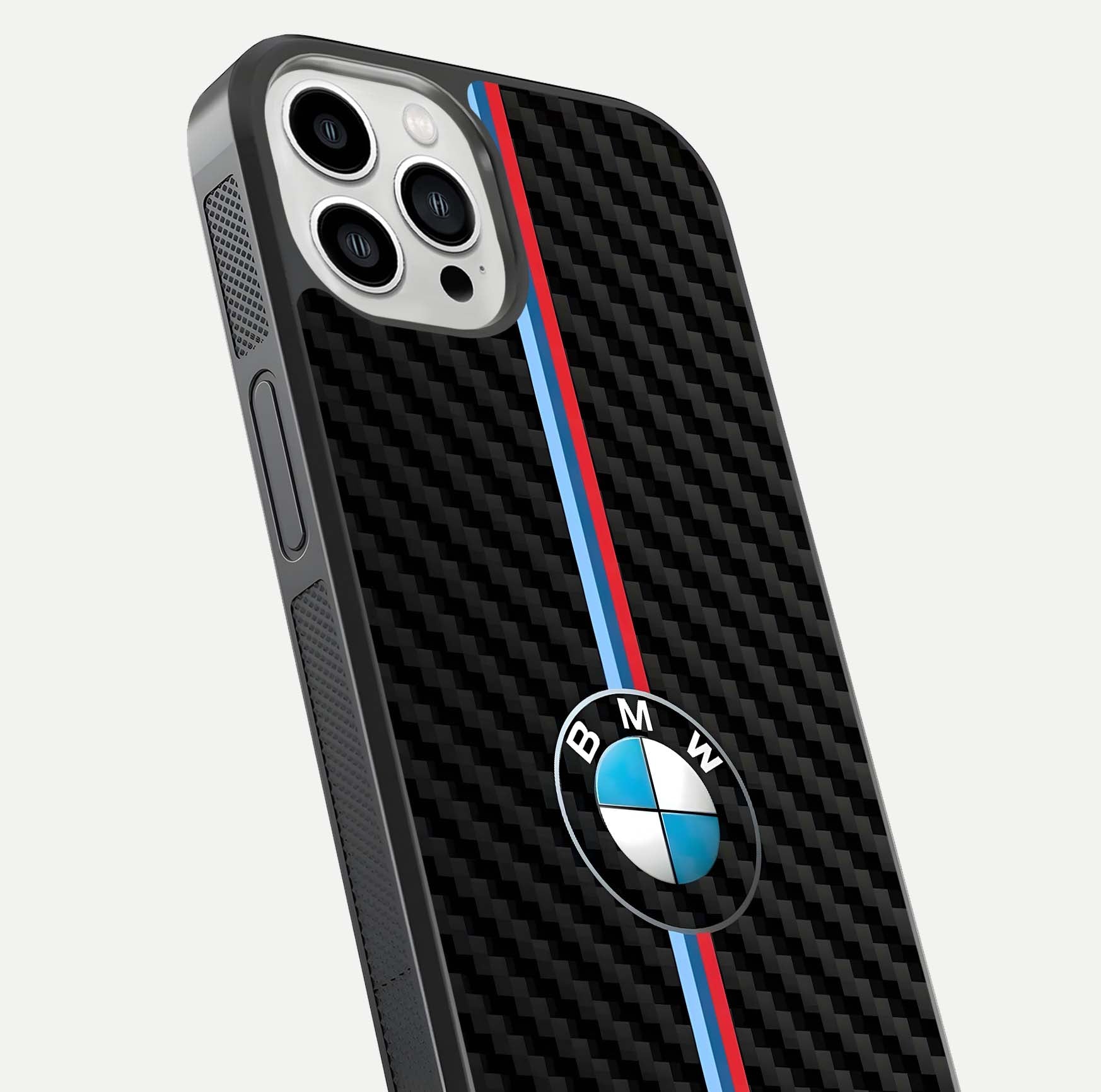 BMW Pattern Glass Case for iPhone 13 Pro Max close-up angle showing BMW logo detailing and high-reflect gloss texture
