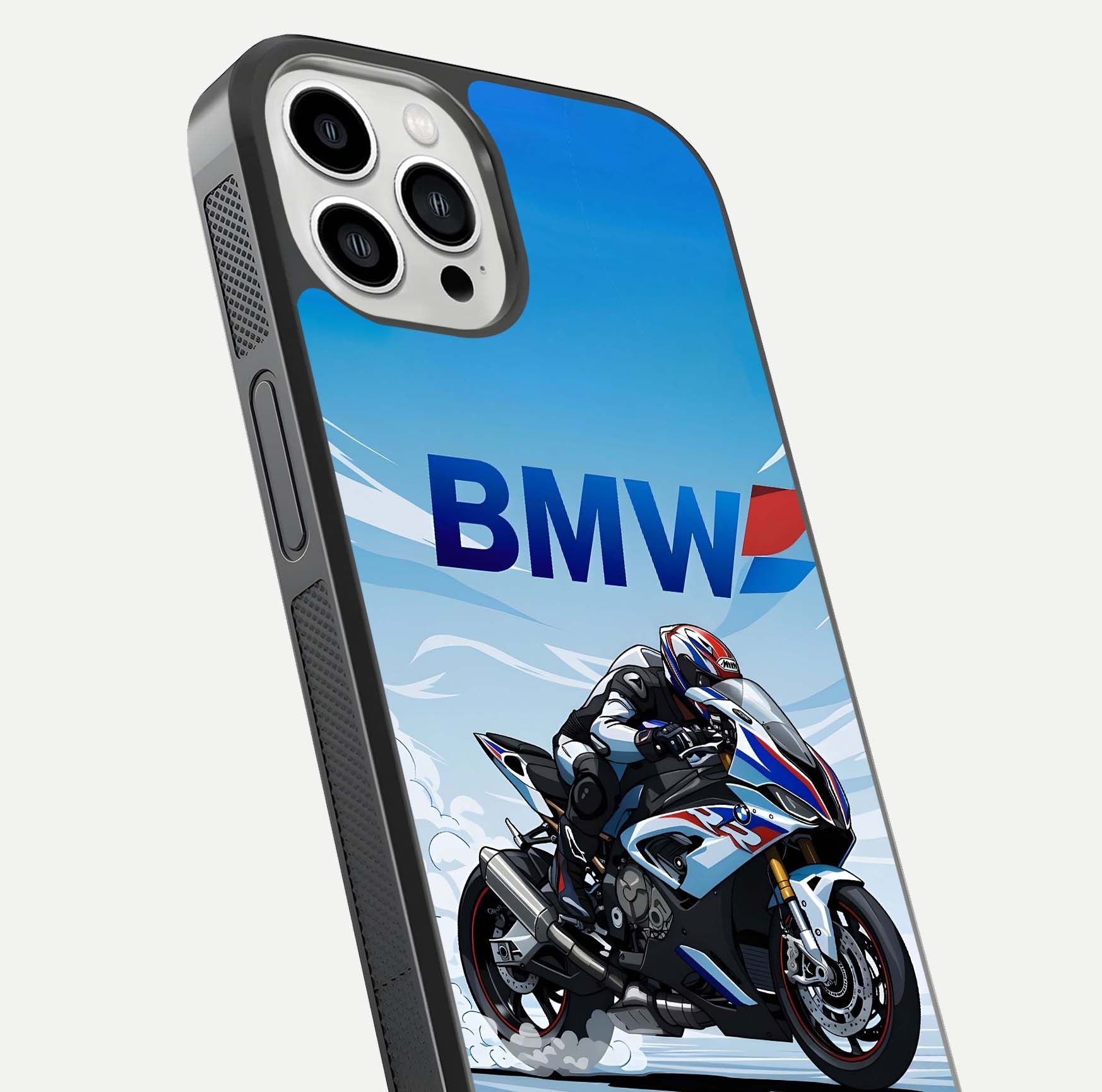 BMW Power Drift Glass Case for iPhone 13 Pro Max close-up view highlighting motion streaks and gloss shine