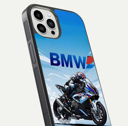 BMW Power Drift Glass Case for iPhone 13 Pro Max close-up view highlighting motion streaks and gloss shine