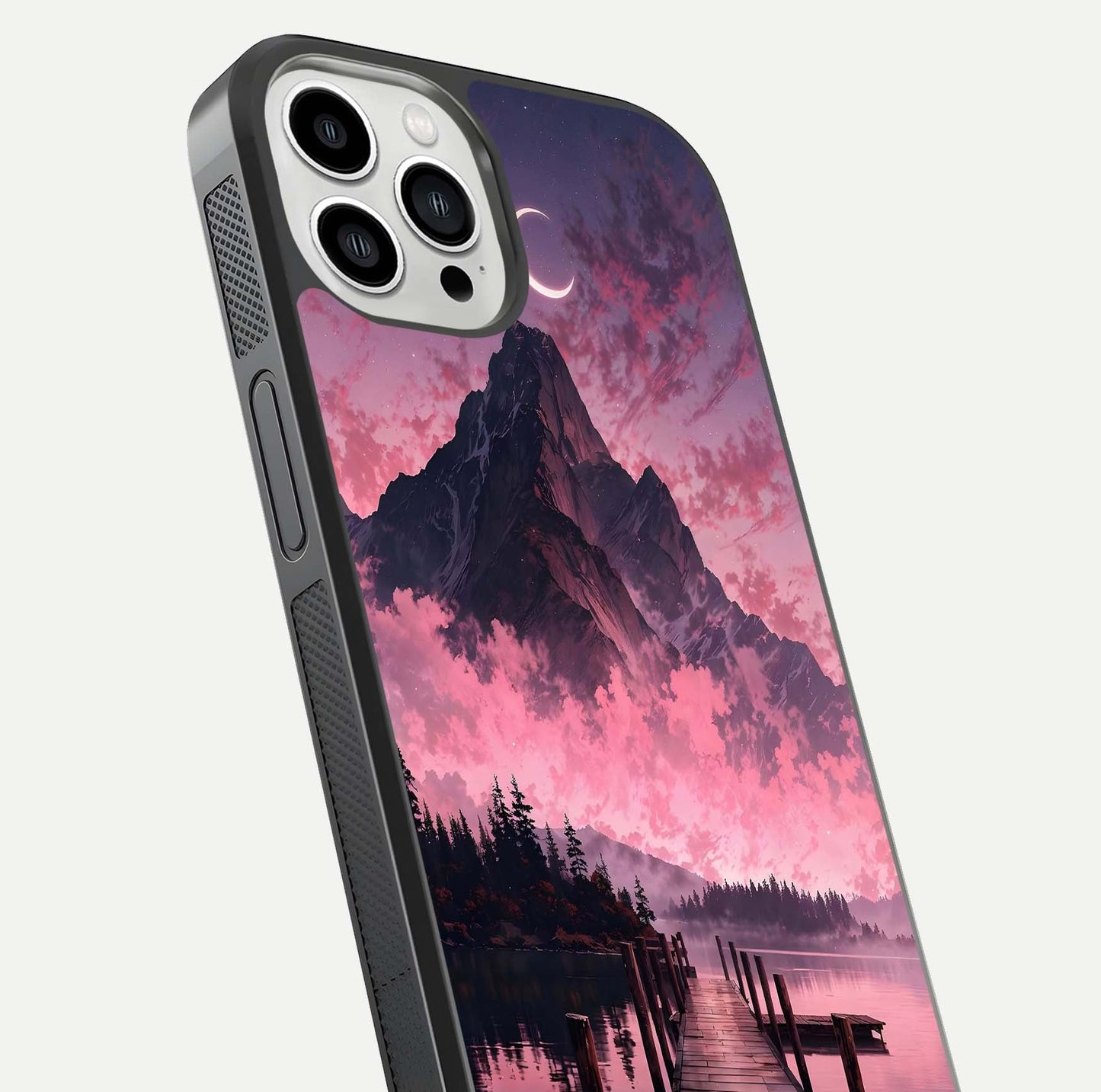 Beautyful Mountain View Glass Case for iPhone 13 Pro Max close-up angle highlighting landscape details and shine