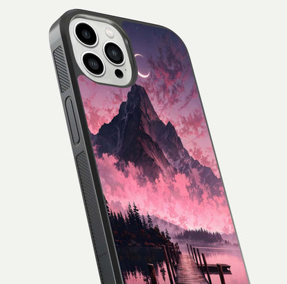 Beautyful Mountain View Glass Case for iPhone 13 Pro Max close-up angle highlighting landscape details and shine
