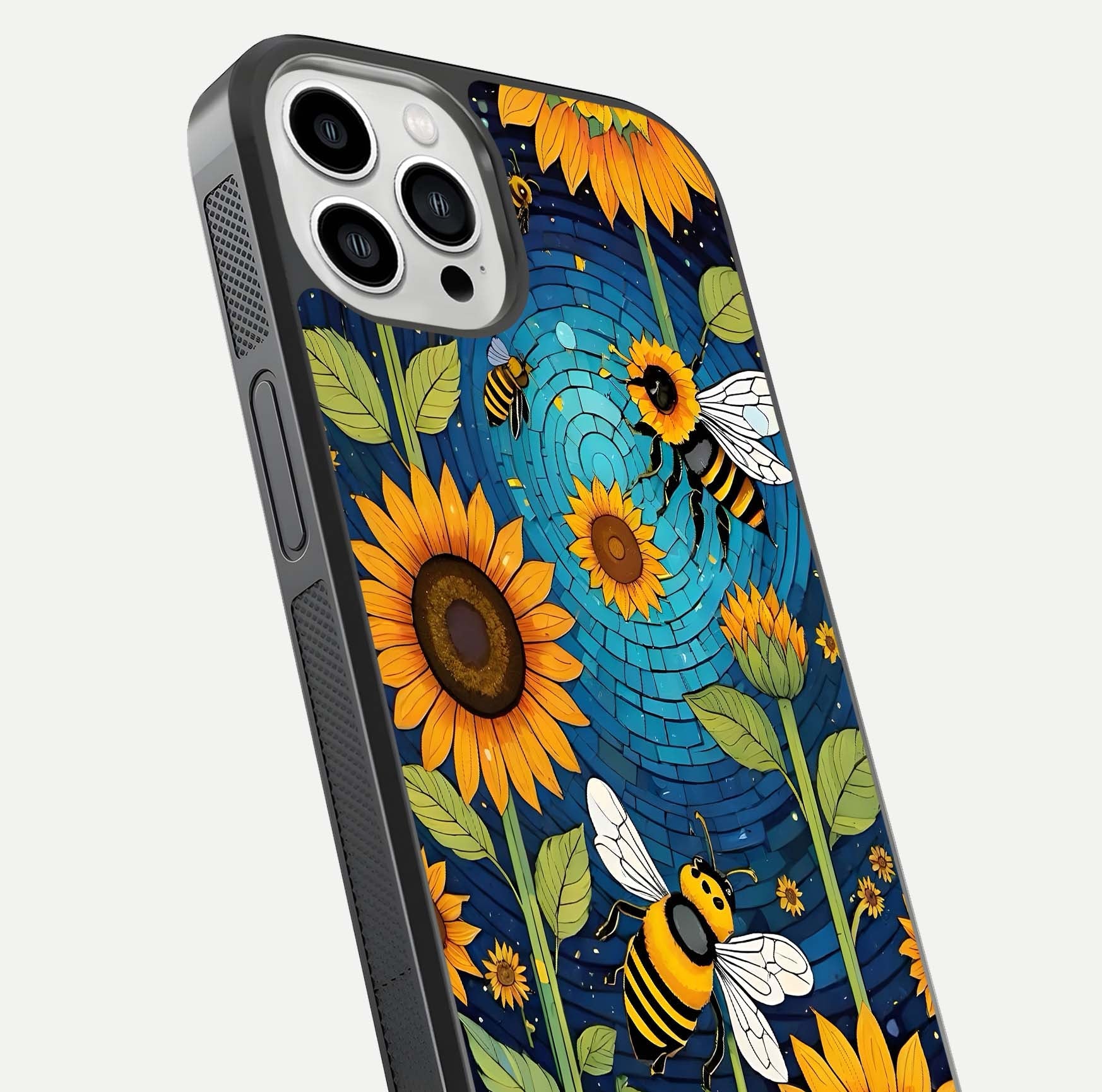 Bees & Sunflowers Glass Case for iPhone 13 Pro Max close-up angled shot showing detailed petals, bee prints, and glass reflection