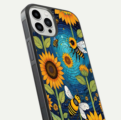 Bees & Sunflowers Glass Case for iPhone 13 Pro Max close-up angled shot showing detailed petals, bee prints, and glass reflection