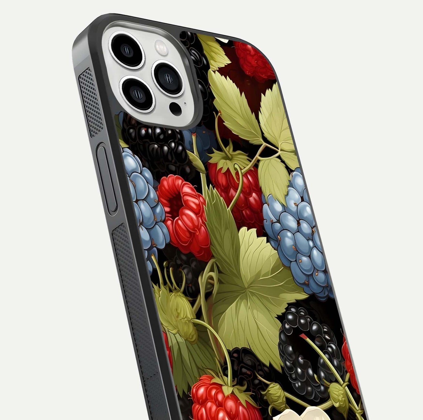Berry Bloom Charm Glass Case for iPhone 13 Pro Max close-up view highlighting berry color tones and fine petal detailing
