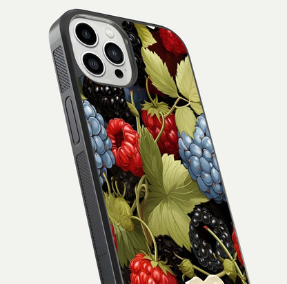 Berry Bloom Charm Glass Case for iPhone 13 Pro Max close-up view highlighting berry color tones and fine petal detailing