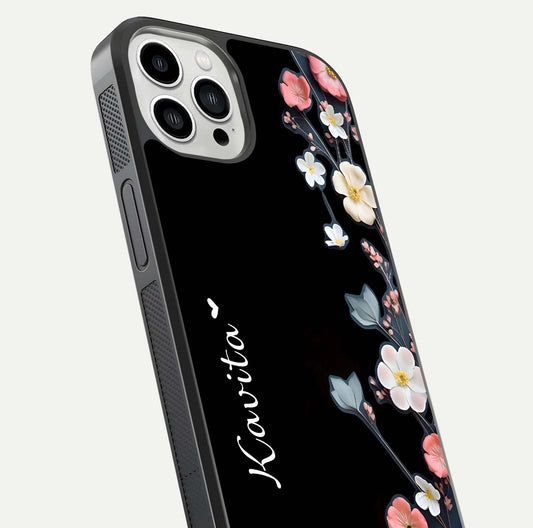 Black Elegance Floral Custom Name Glass Case for iPhone 13 Pro Max close-up shot showing rose detailing and elegant reflection